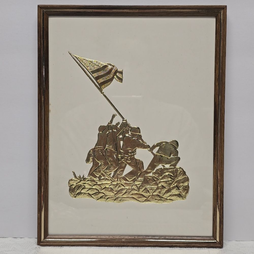 Iwo Jima Flag Rasing Gold Embossed Photo Print With Inscription WW2 USMC VTG